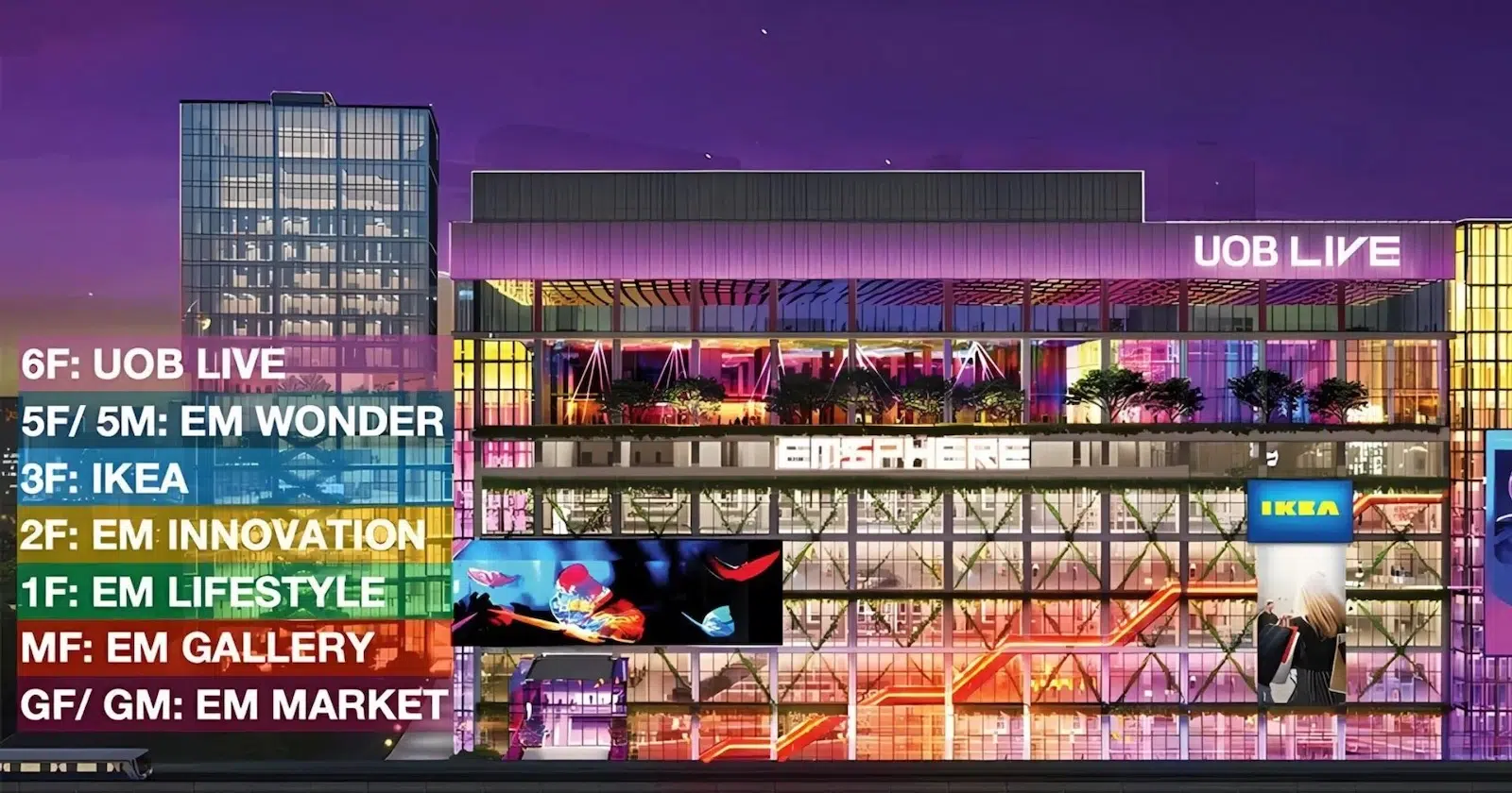 3D render of EmSphere mall at night in Phrom Phong area in Bangkok, with a list of floors on the left of the screen.