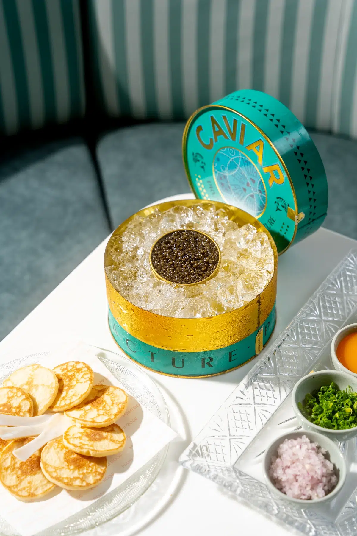This is the unique Caviar Prunier, served with blinis and sauce, from Mami Rose Restaurant located in EmSphere mall on 5th floor in Bangkok.