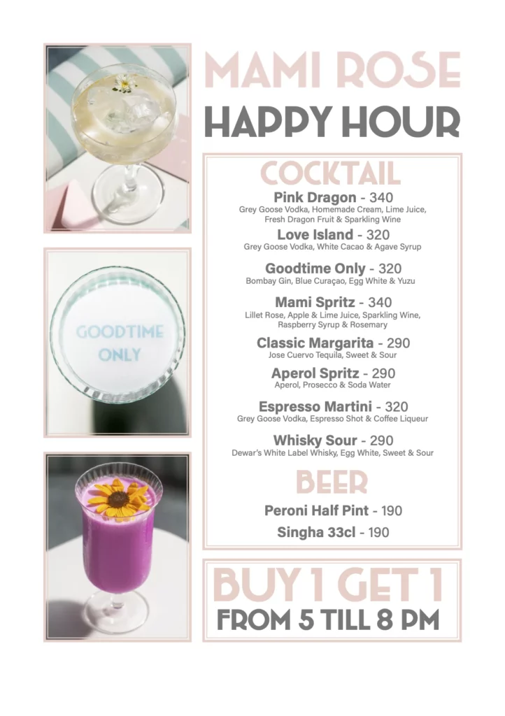 Menu happy hour offer at Mami Rose restaurant at the 5th floor of EmSphere Mall in Phrom Phong