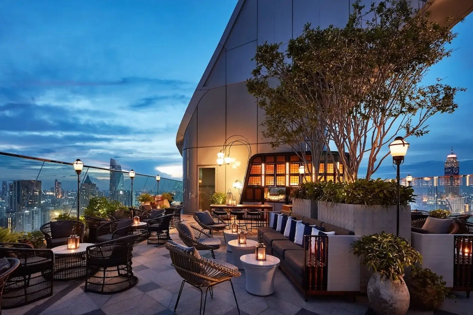 This is the exterior of the romantic Penthouse Bar restaurant located in Bangkok