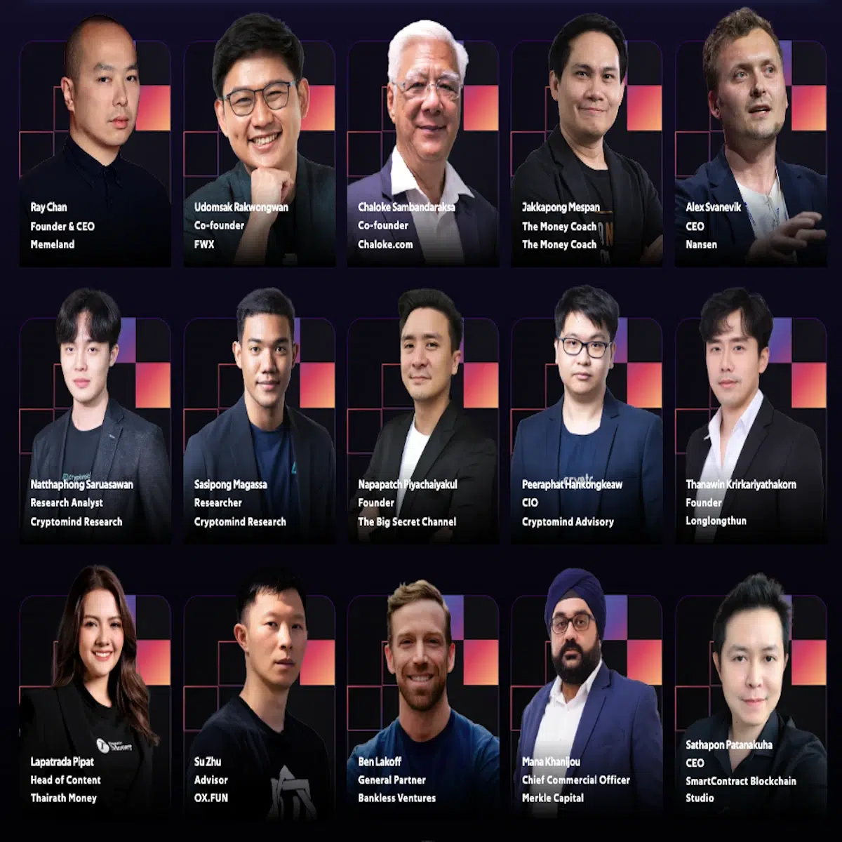 this is the list of speakers who will talk during the Thailand Blockchain Week 2024 at UOB Live