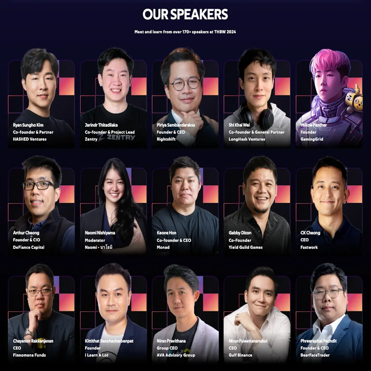 this is the list of speakers who will talk during the Thailand Blockchain Week 2024 at UOB Live