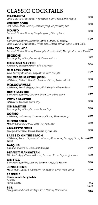 This photo shows drinks menu from Tribe Sky Beach Club located at EmSphere in Bangkok. You can see the differents cocktails with details and prices.