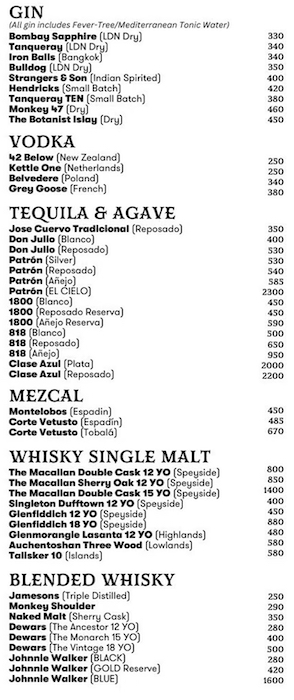 This photo shows drinks menu from Tribe Sky Beach Club located at EmSphere in Bangkok. You can see the differents alcools with details and prices.