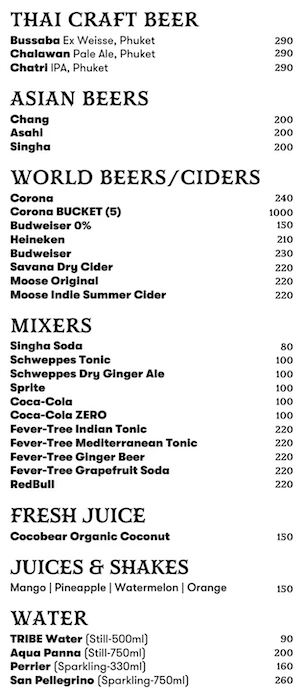 This photo shows drinks menu from Tribe Sky Beach Club located at EmSphere in Bangkok. You can see the differents beers, sodas, juices and shakes with details and prices.