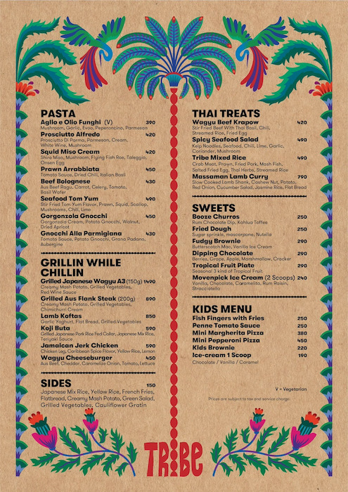 This photo shows food menu from Tribe Sky Beach Club located at EmSphere in Bangkok. You can see the differents pasta, thai treats, grilled meats, sides, sweets and kids menu with details and prices.