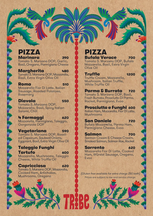 This photo shows food menu from Tribe Sky Beach Club located at EmSphere in Bangkok. You can see the differents pizza with details and prices.
