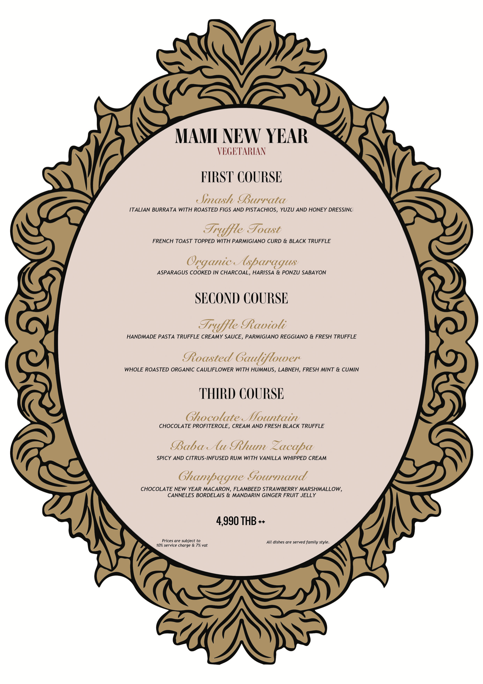 This is the special vegetarian menu for New Year's Eve 2025 party at Mami Rose Restaurant in Bangkok.