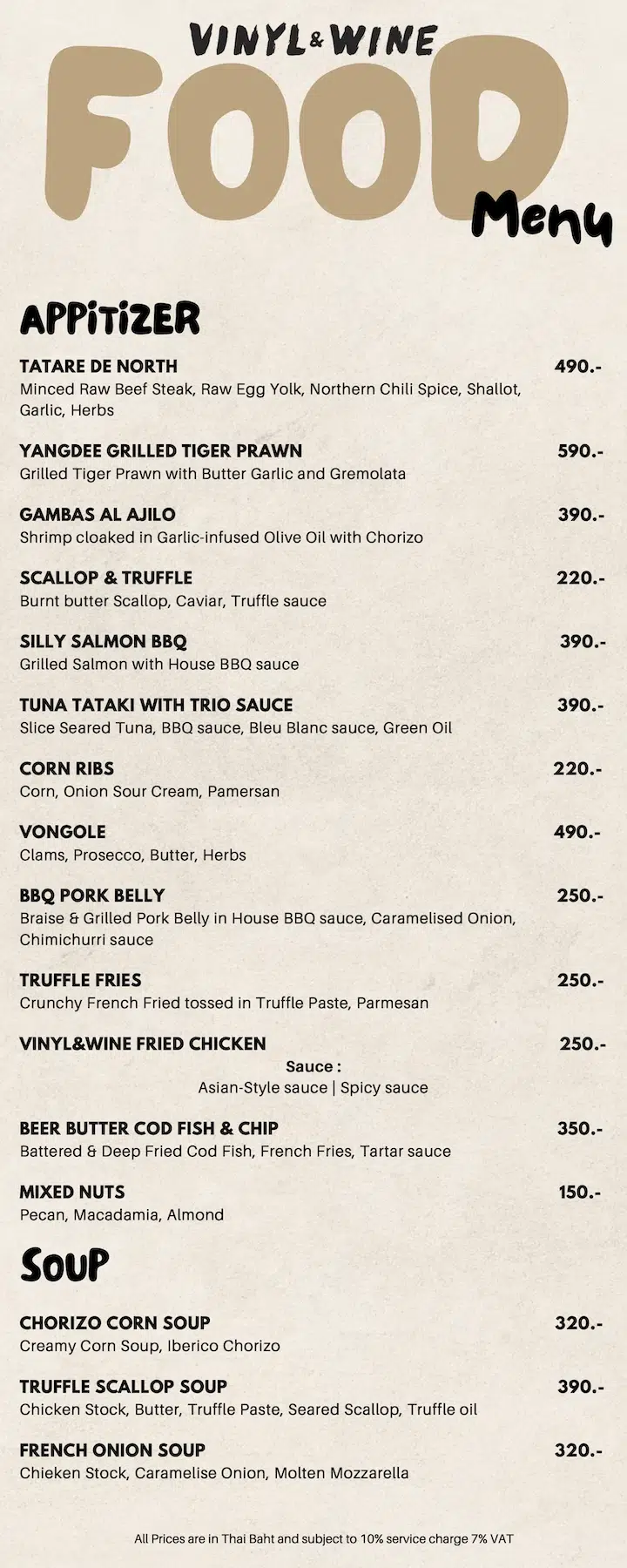 here is the food menu at the Vinyl and Wine bar at EmSphere in Bangkok