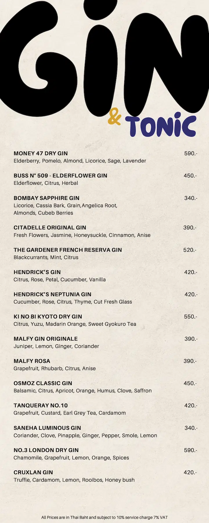 here is the menu of gin and tonic at the Vinyl and Wine bar at EmSphere in Bangkok